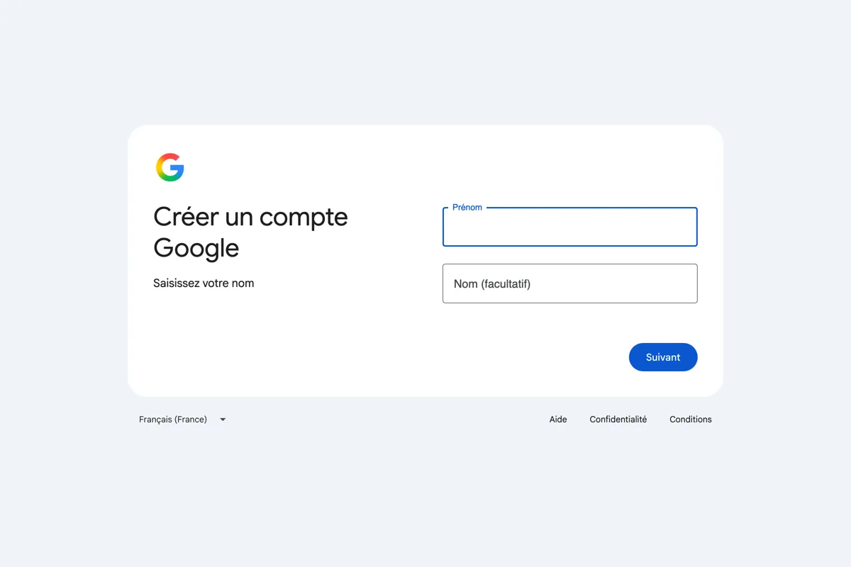 Écran Google « Créer un compte Google » avec les champs Prénom et Nom et le bouton Suivant