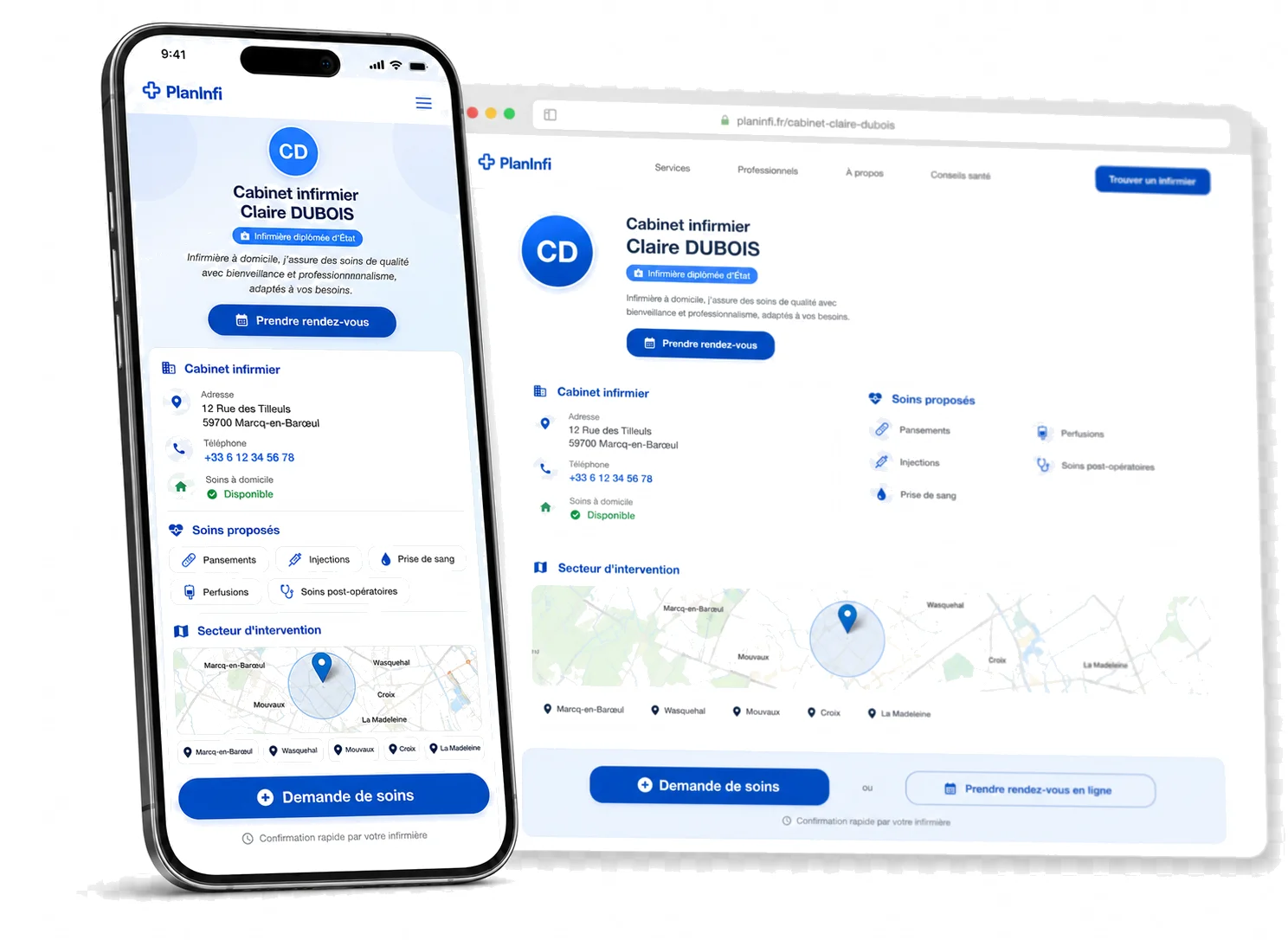Exemple de page professionnelle PlanInfi d'une infirmière libérale, sur ordinateur et mobile